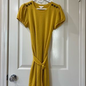 Lauren Conrad LC Midi Belted Dress Sz Medium Yellow Short Sleeve Button Shoulder